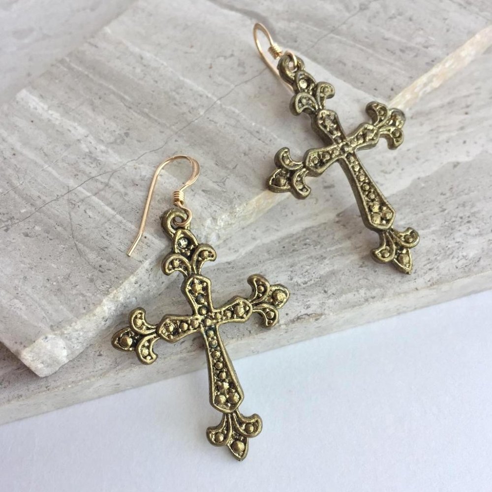 Bronze Cross Charm Earrings - Picture 2 of 2